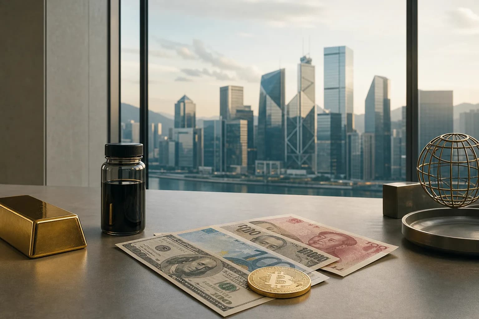 Gold, oil, currencies and bitcoin on a desk overlooking a financial district.