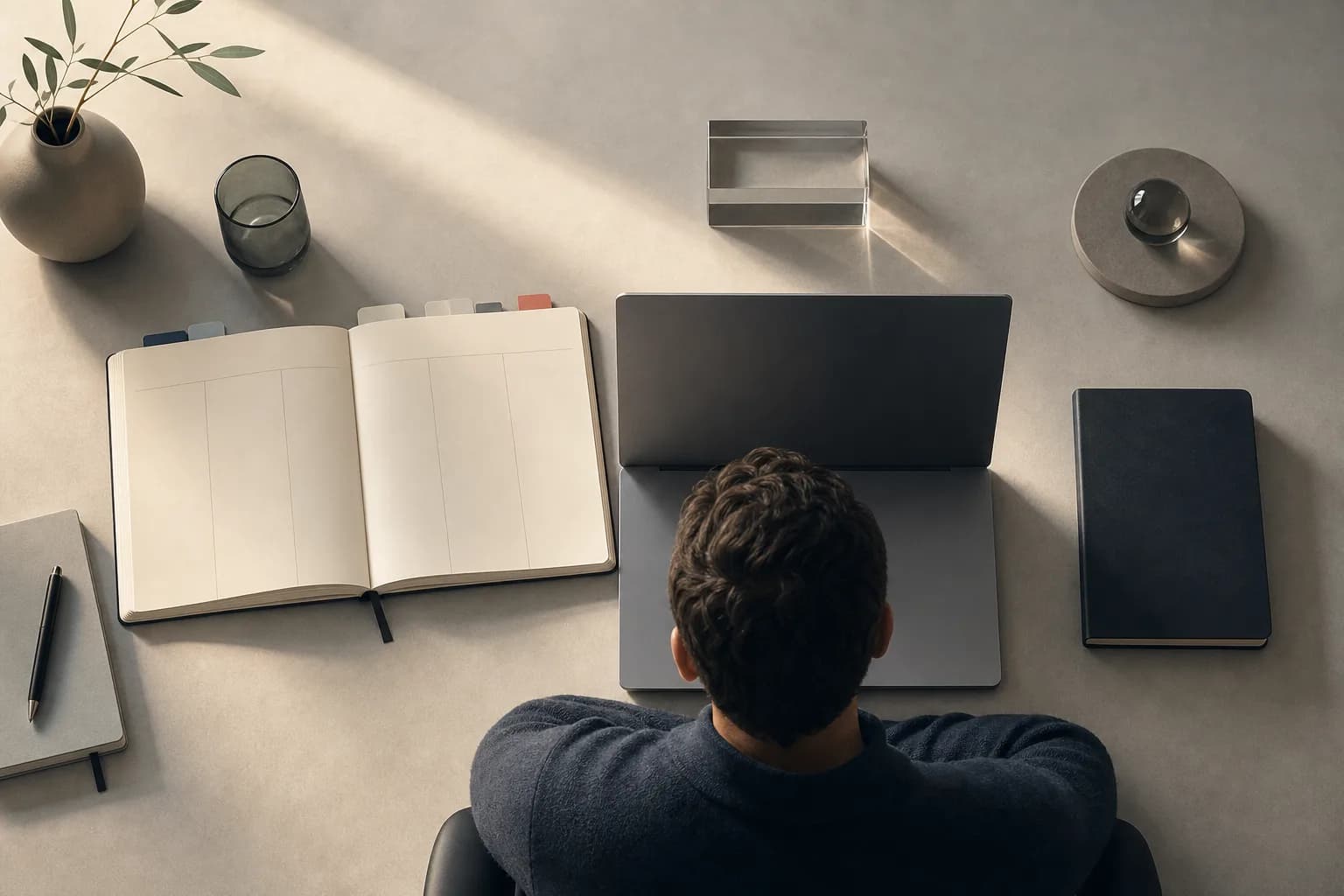 Agenda hebdomadaire et carnet de trading ouverts sur un bureau éclairé par la lumière du matin.