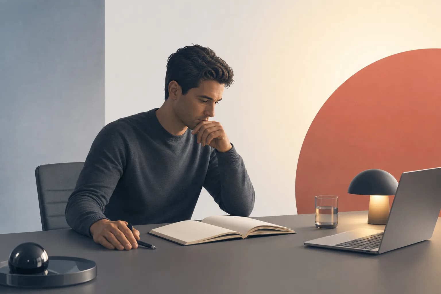 A trader reviews decision notes in a notebook beside a blurred screen.