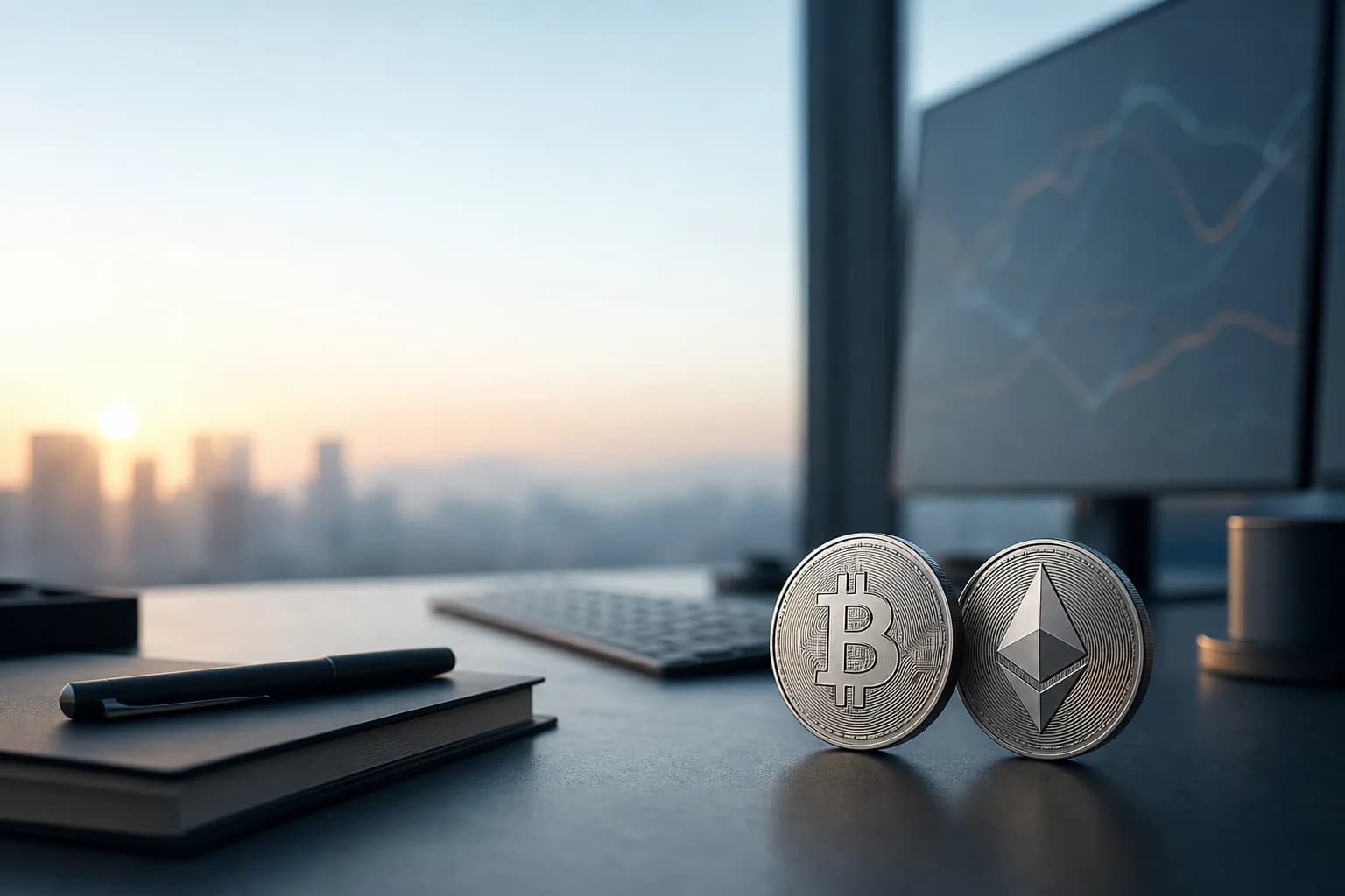 Bitcoin and Ether symbols on a trading desk illuminated by morning light.