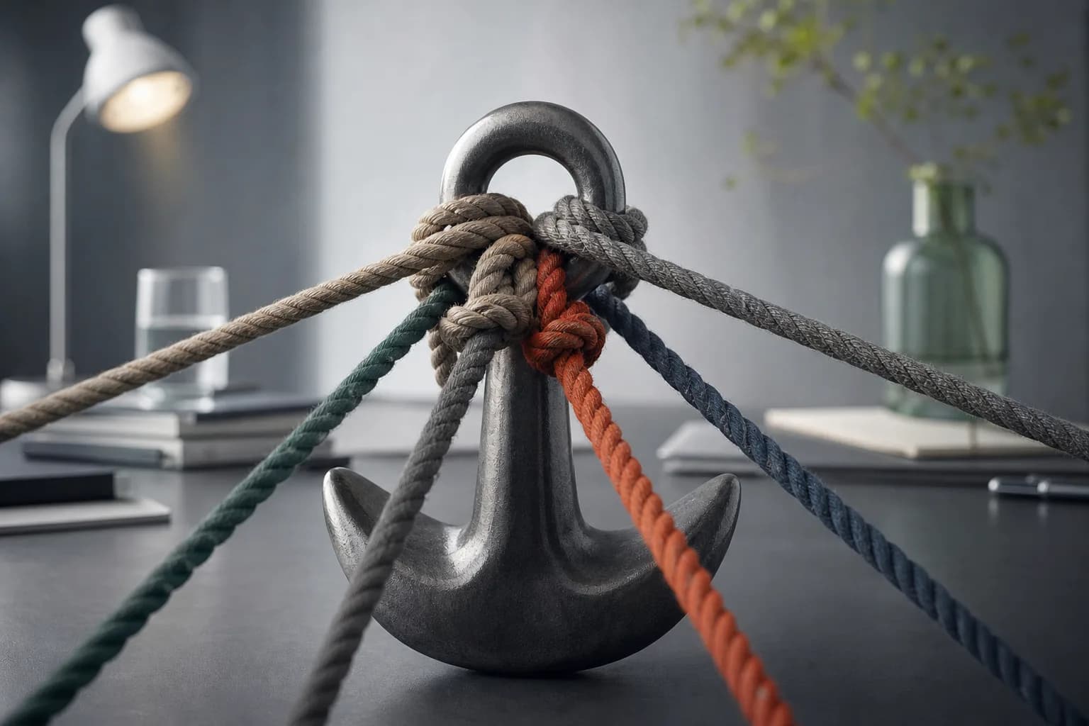 Several ropes connected to the same anchor, evoking positions exposed to a common risk factor.