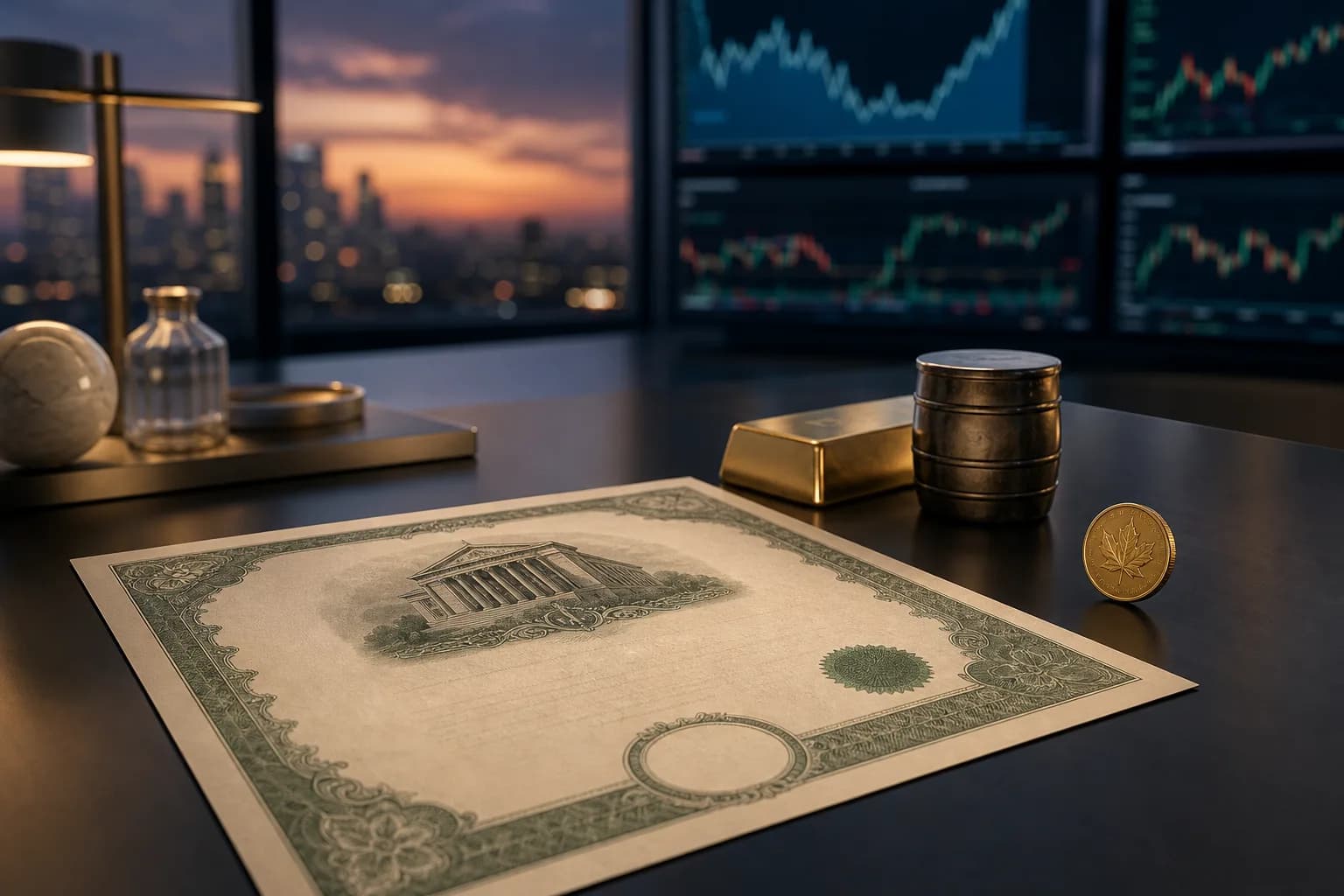 Un titre obligataire américain posé sur un bureau de trader, à côté d'un lingot d'or et d'une pièce canadienne, devant des écrans flous.