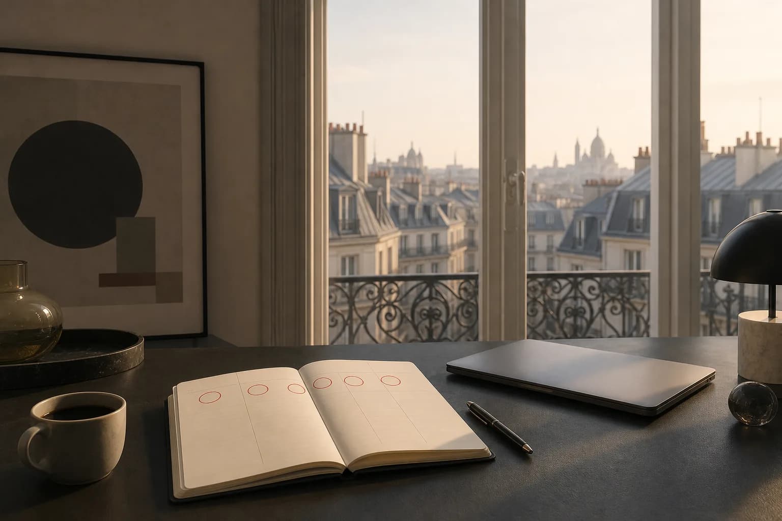 Bureau de trader à l'aube avec un agenda hebdomadaire ouvert et une tasse de café
