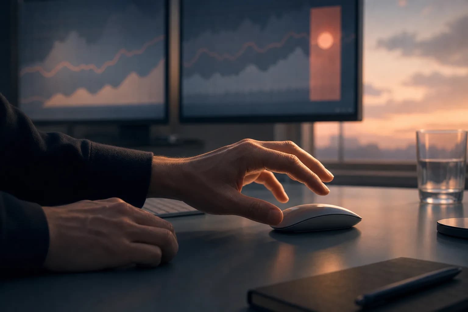 A trader hesitates with a hand on the mouse while deciding whether to close a position