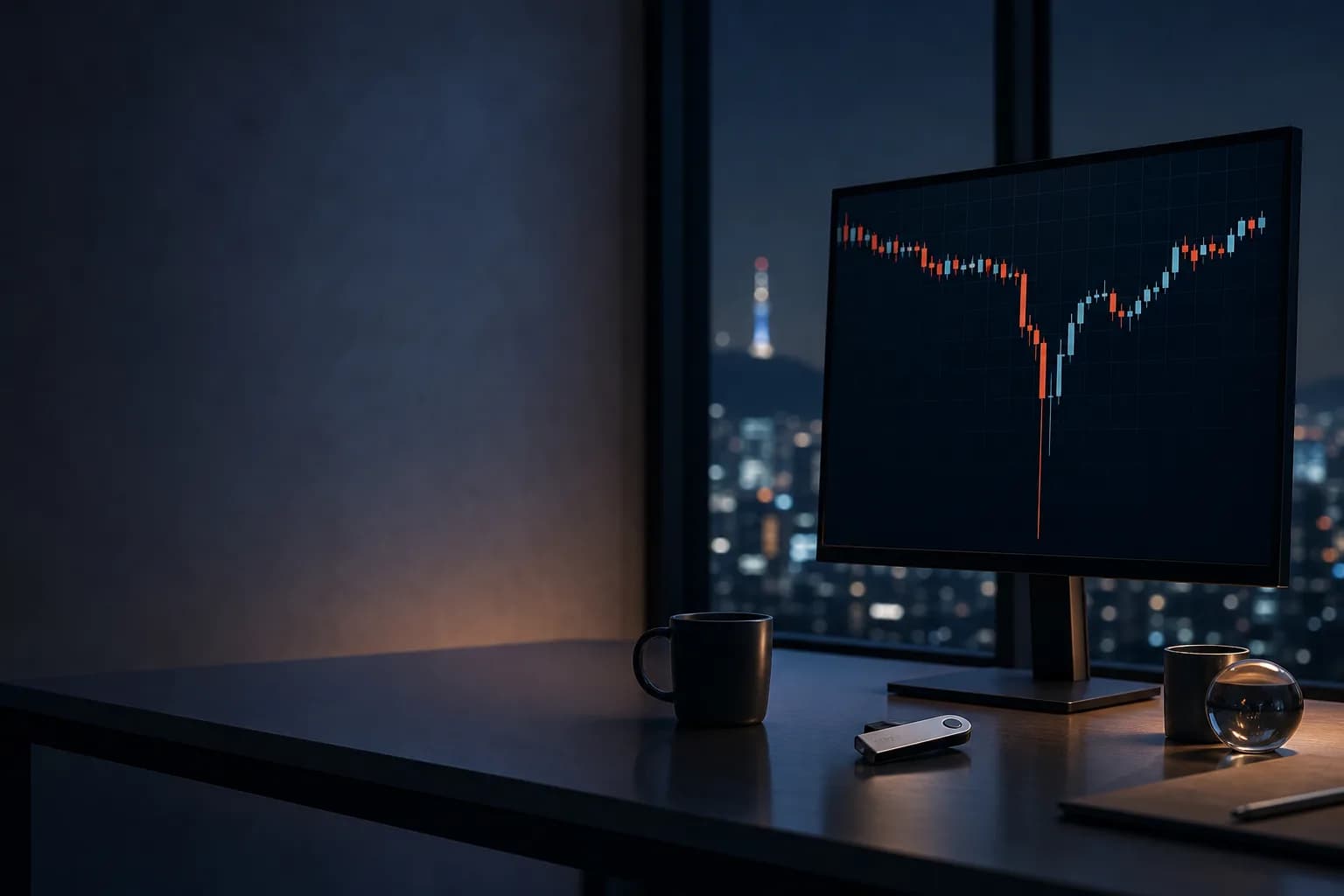 Trader's desk at night, with a screen displaying a long-wick candle and a crypto hardware wallet beside it