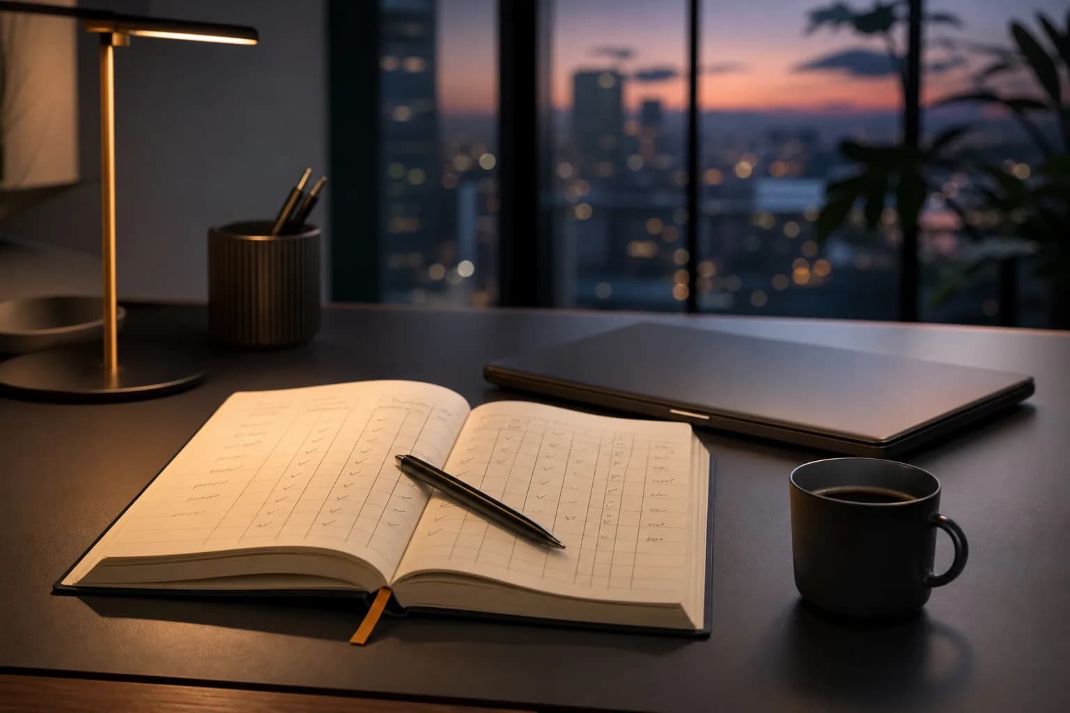 A trading journal open on a desk lit by a lamp, on a Friday evening after the close