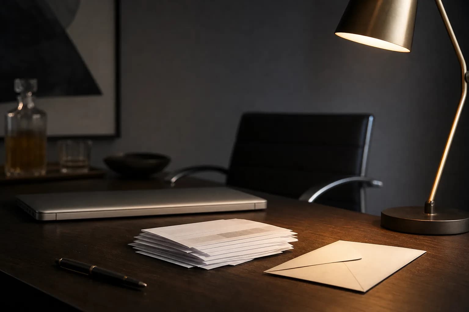 Stacks of payment receipts on a trader’s desk lit by a lamp