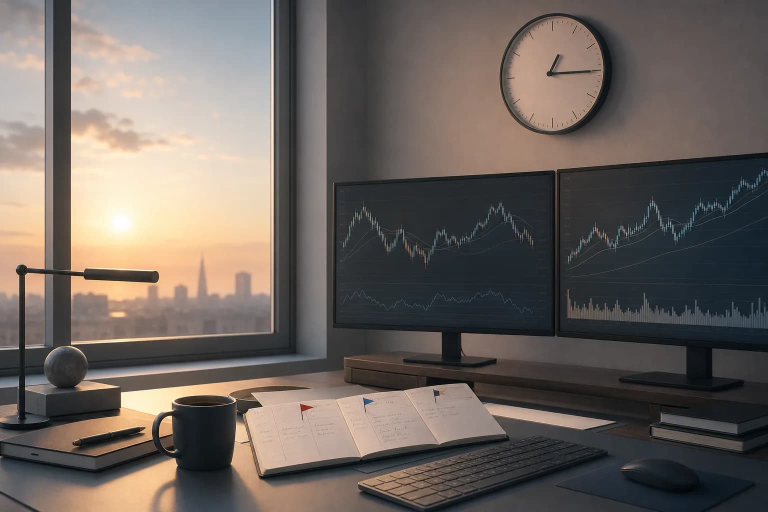 Trader’s desk at dawn with an annotated weekly calendar and two screens
