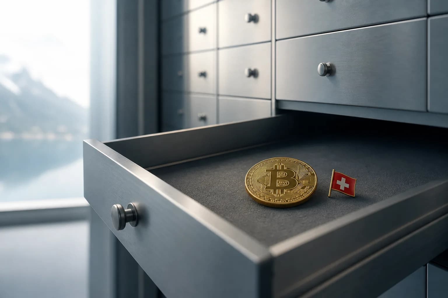 Une pièce de bitcoin posée dans un tiroir de coffre-fort bancaire suisse