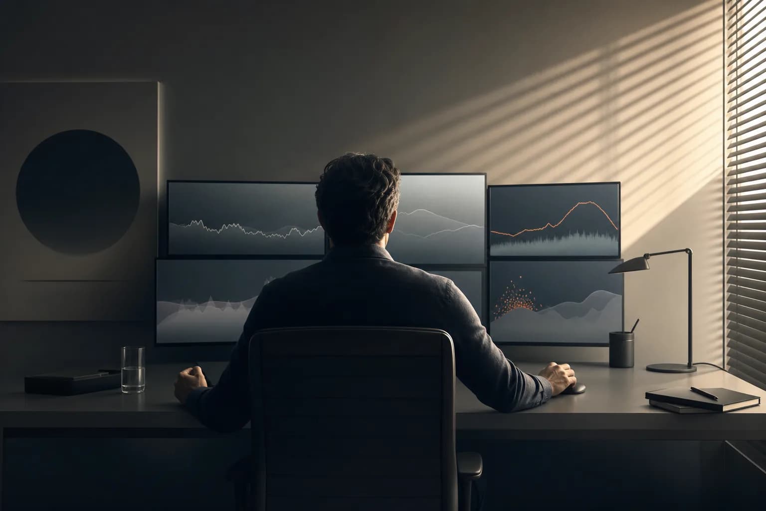 Un trader seul devant ses écrans, la main suspendue au-dessus de la souris après une perte