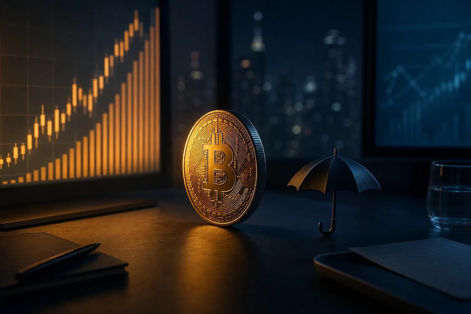 A bitcoin coin between two trading screens, one bathed in warm light and the other in cool light