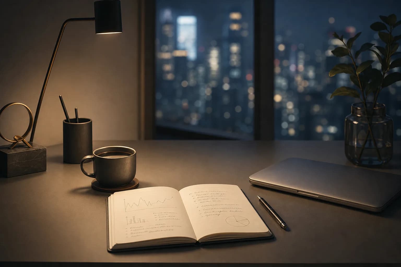 Trader’s desk on Friday evening, with an open notebook beside a closed computer under a warm lamp