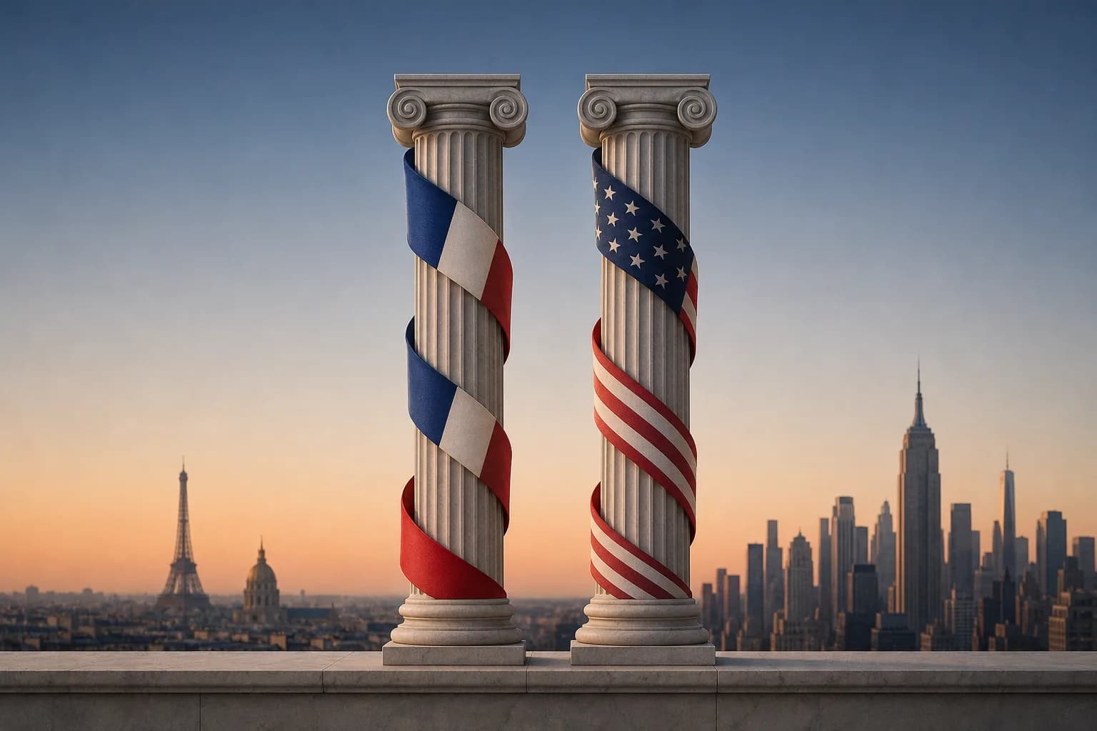 Two stone columns in the colors of France and the United States, equal in height, in front of silhouettes of Paris and New York