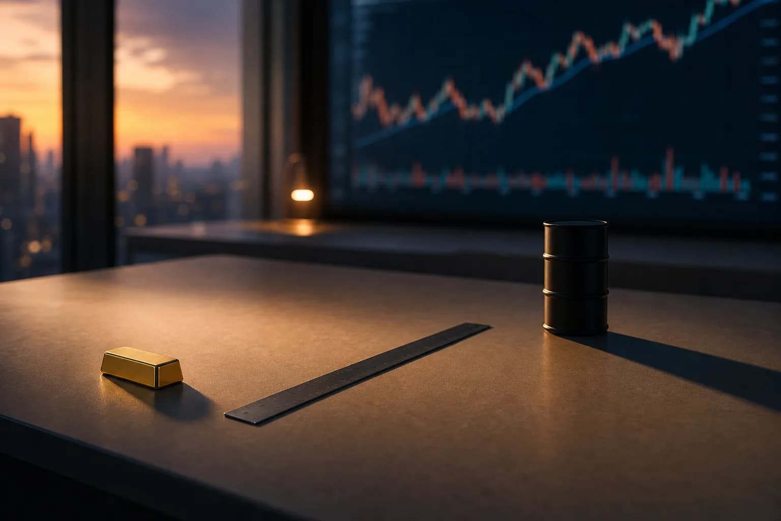 A gold bar and a miniature oil barrel on a trader's desk, with a ruler between them