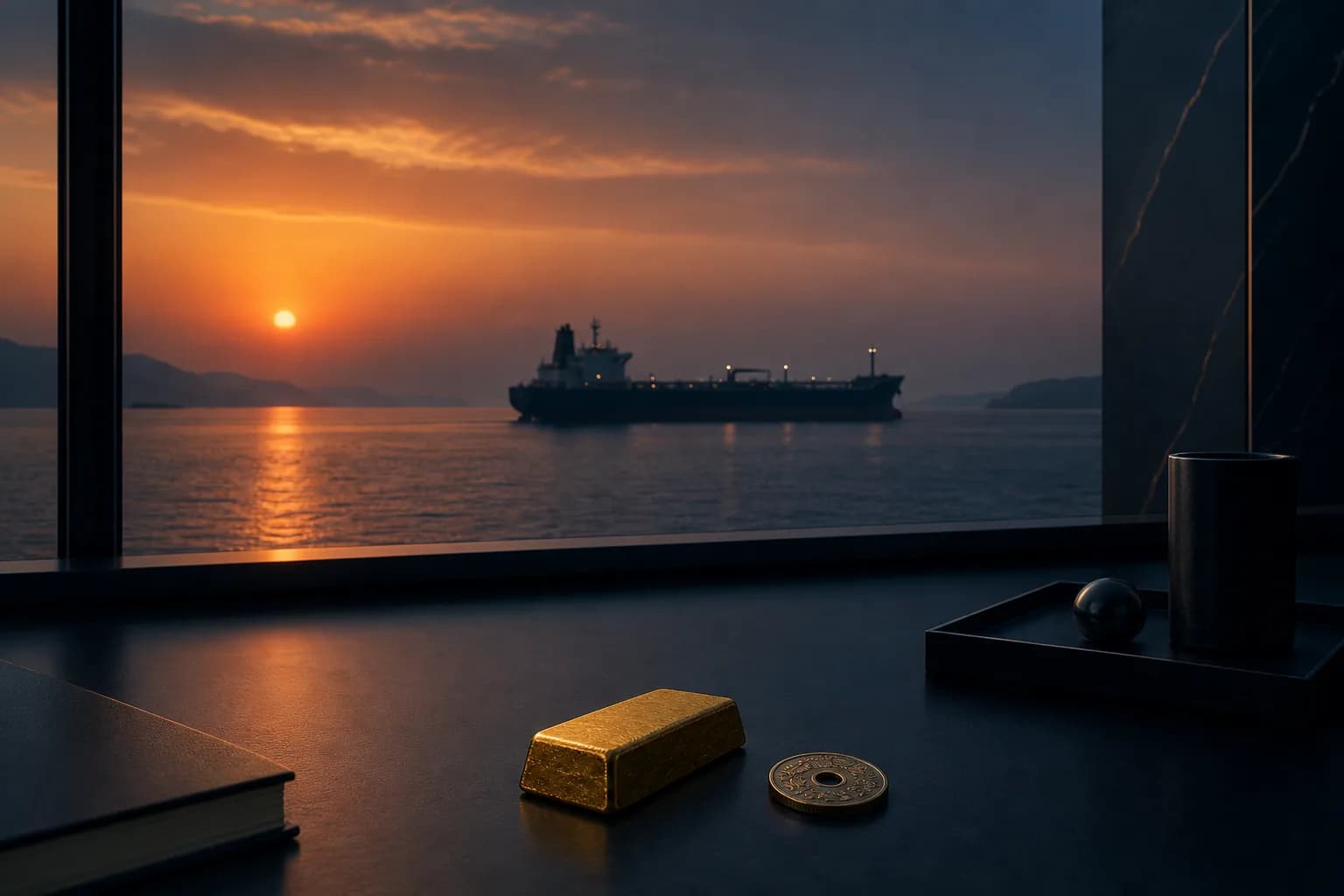 Oil tanker at dusk in a strait, with a gold bar and a yen coin in the foreground on a trading desk.