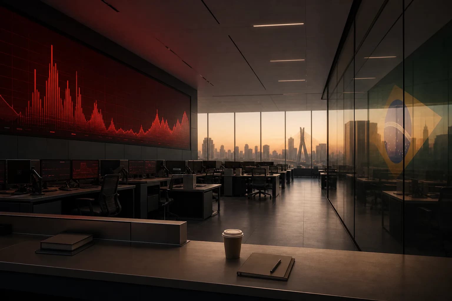 Deserted trading floor in São Paulo, with red screens on the wall after the Brazilian stock market crash