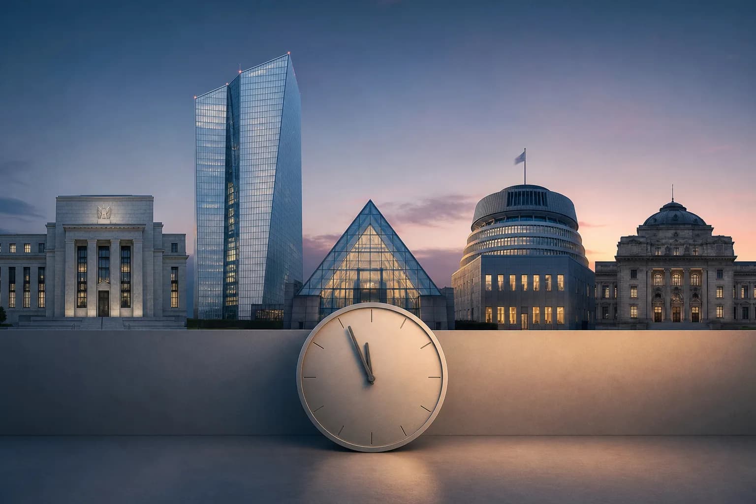 The seats of five central banks lined up at dusk, with a clock in the foreground