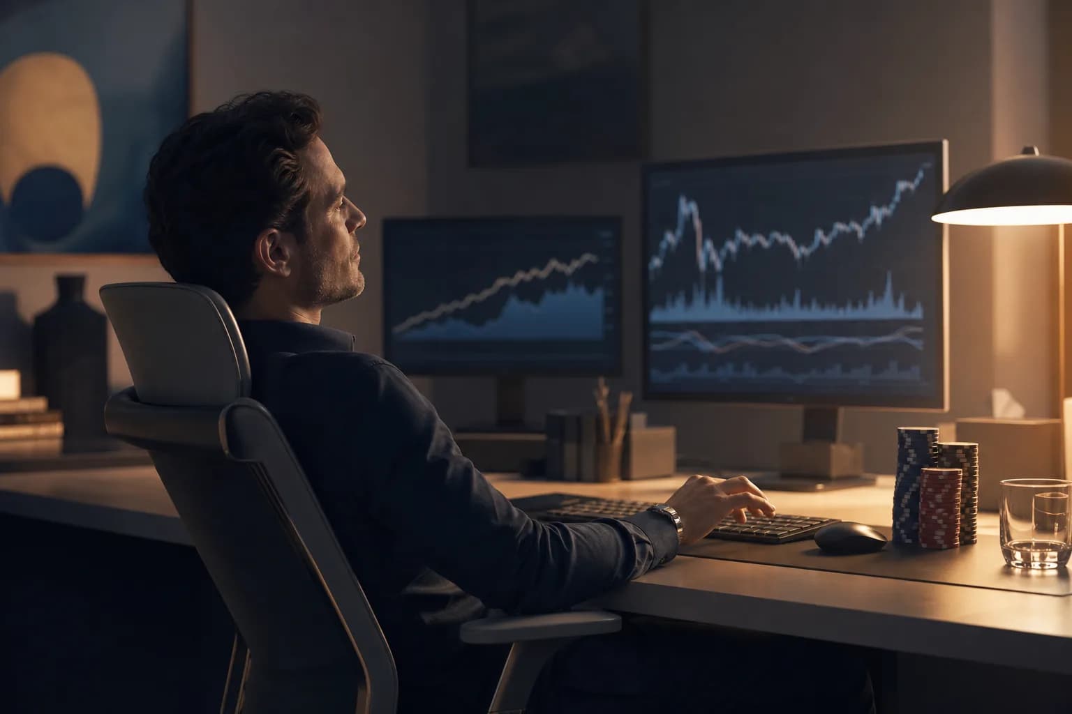 A relaxed trader in front of screens, with a stack of casino chips beside the mouse