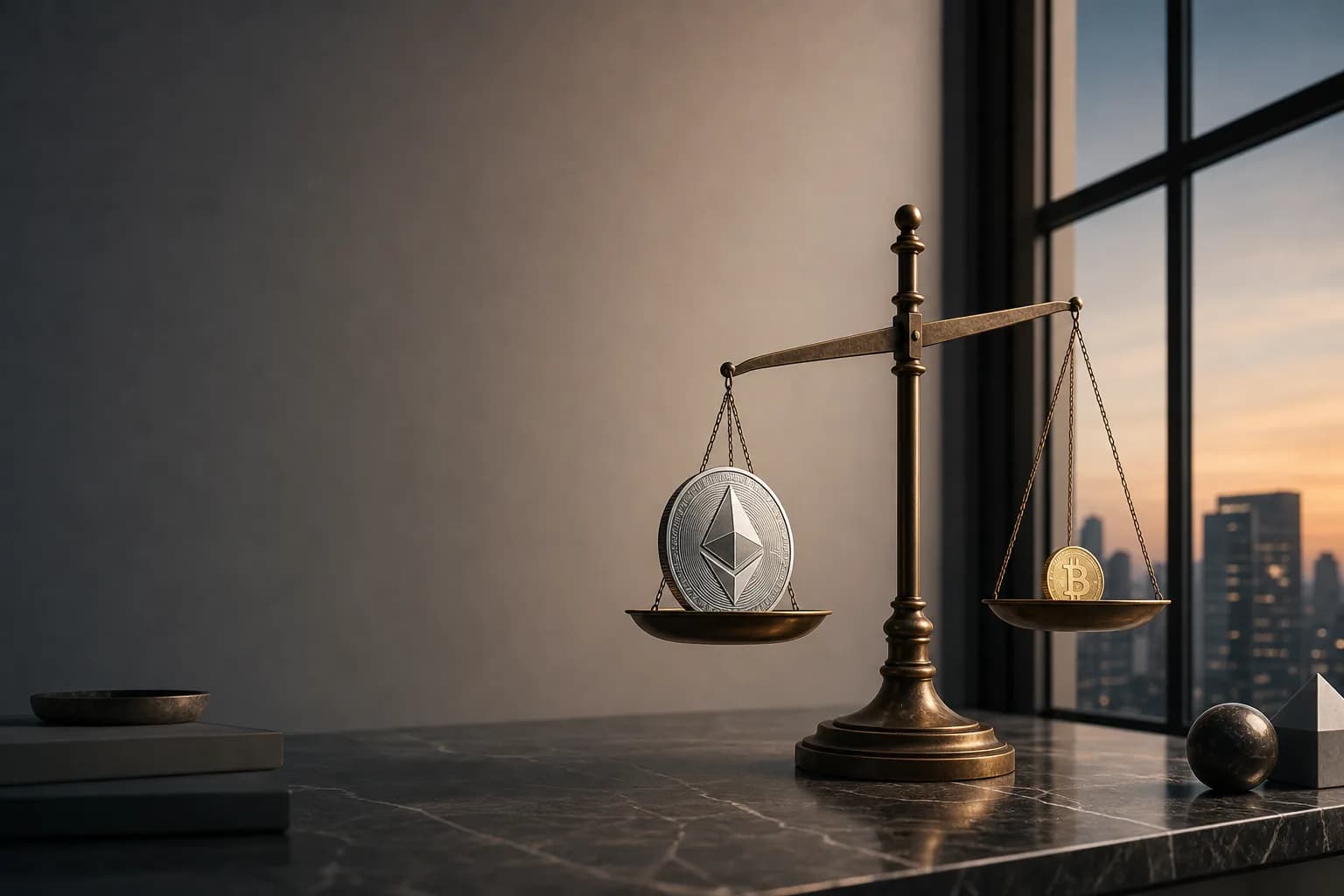 Une pièce d'ether et une pièce de bitcoin posées sur les deux plateaux d'une balance, dans la lumière du soir