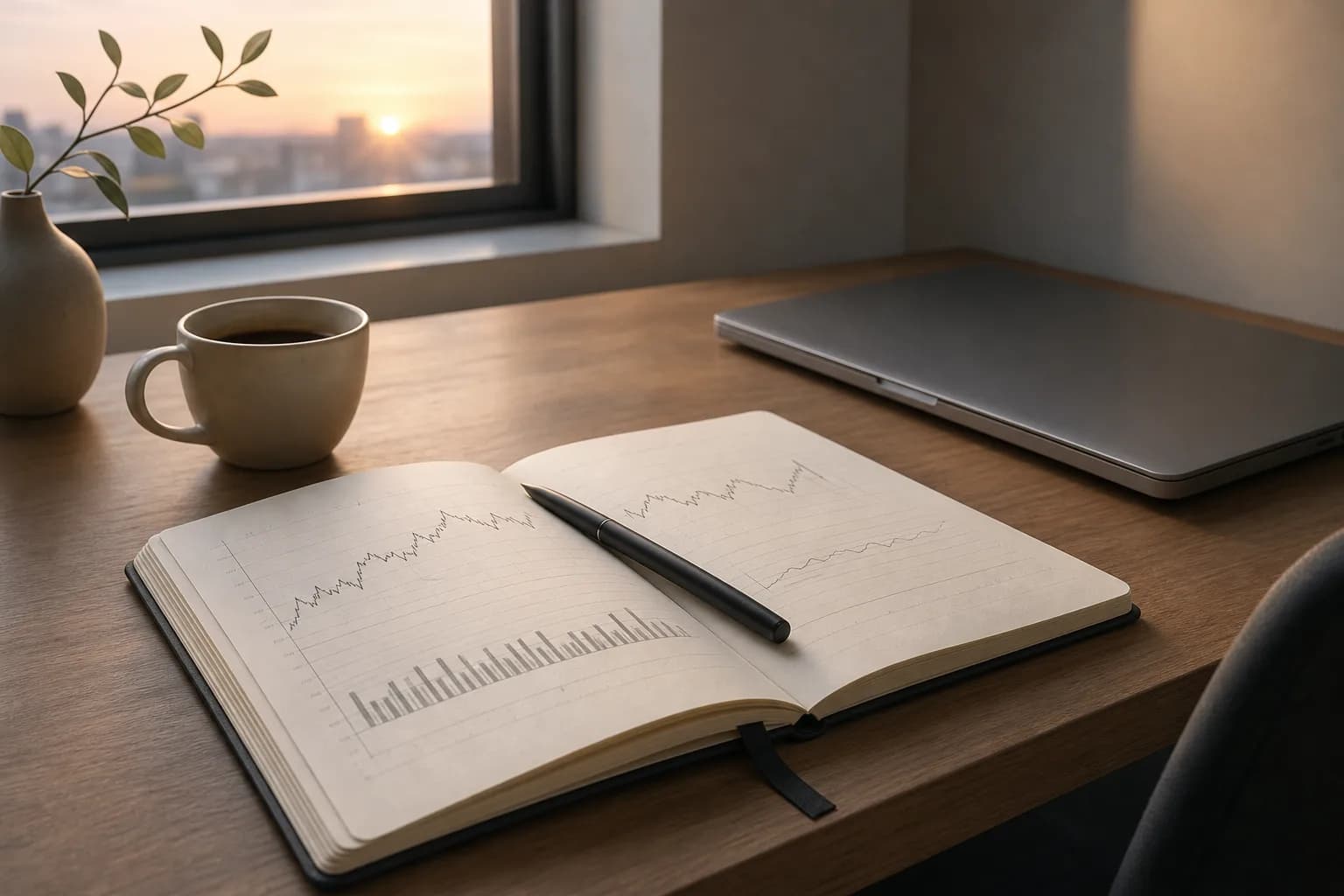 Trading notebook open on a wooden desk, pen resting on the page in the morning light