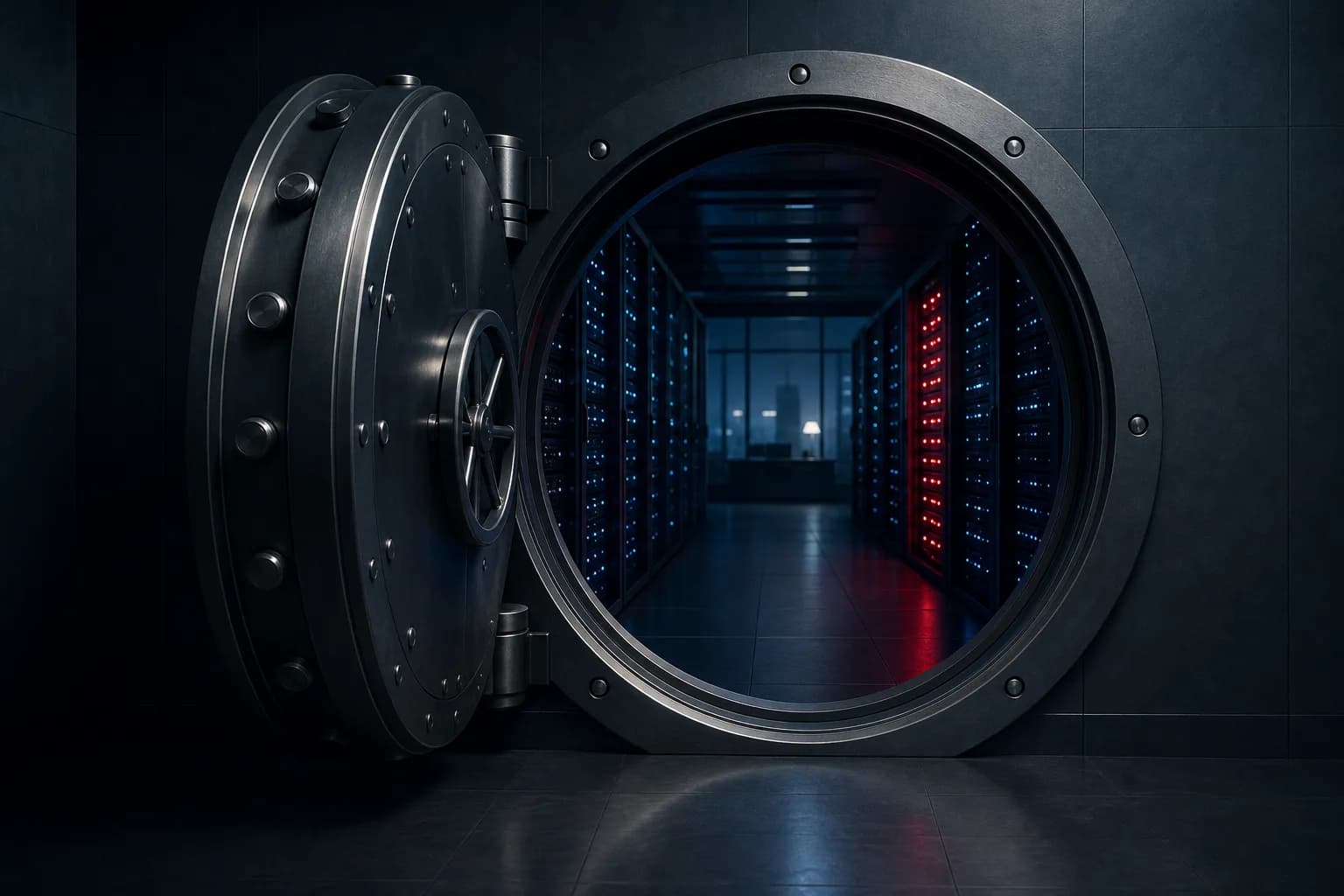 Server room in the dark, with a red-lit rack behind an open vault door
