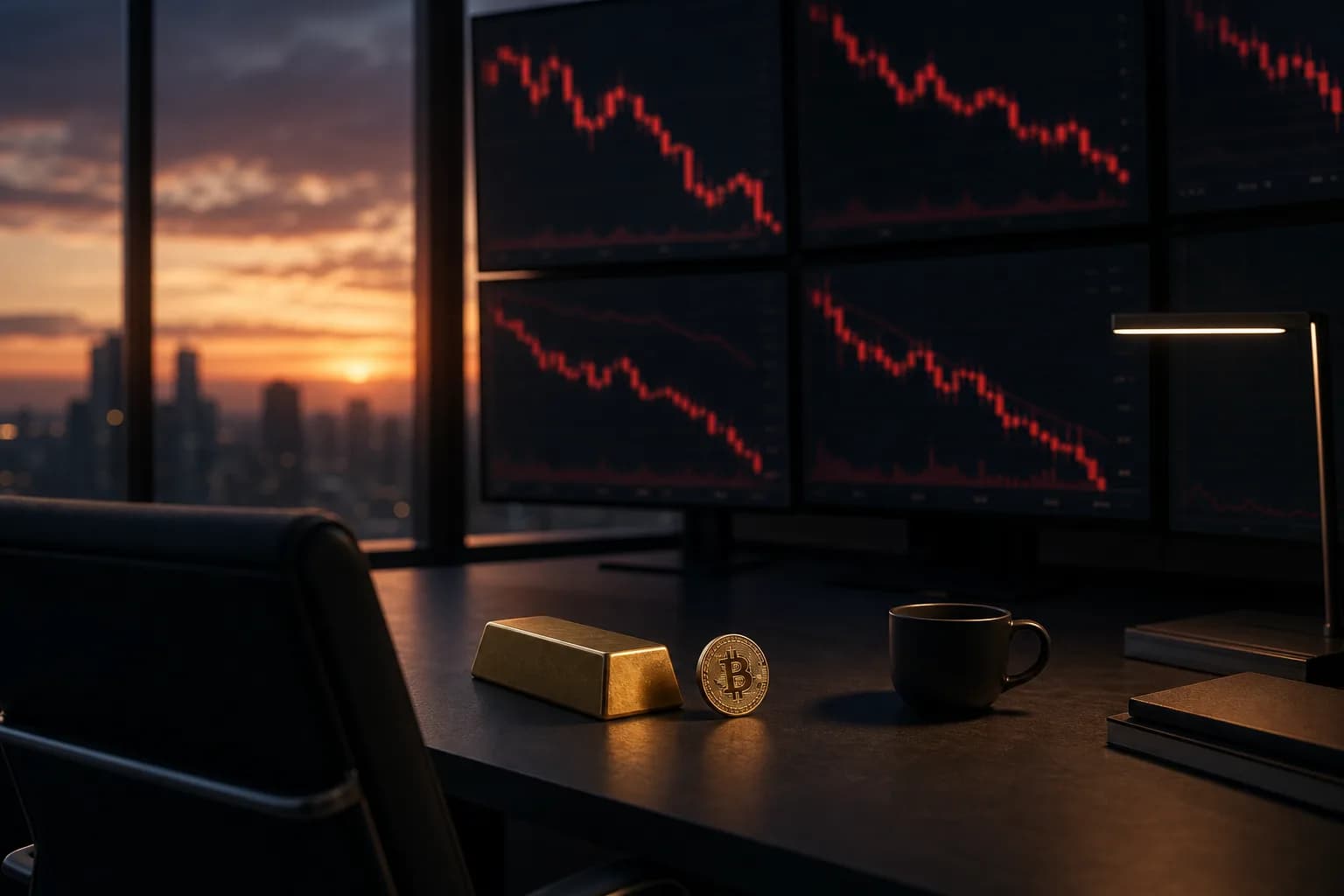 Trading desk at dusk, blurred red screens, a gold bar and bitcoin coin on the desk