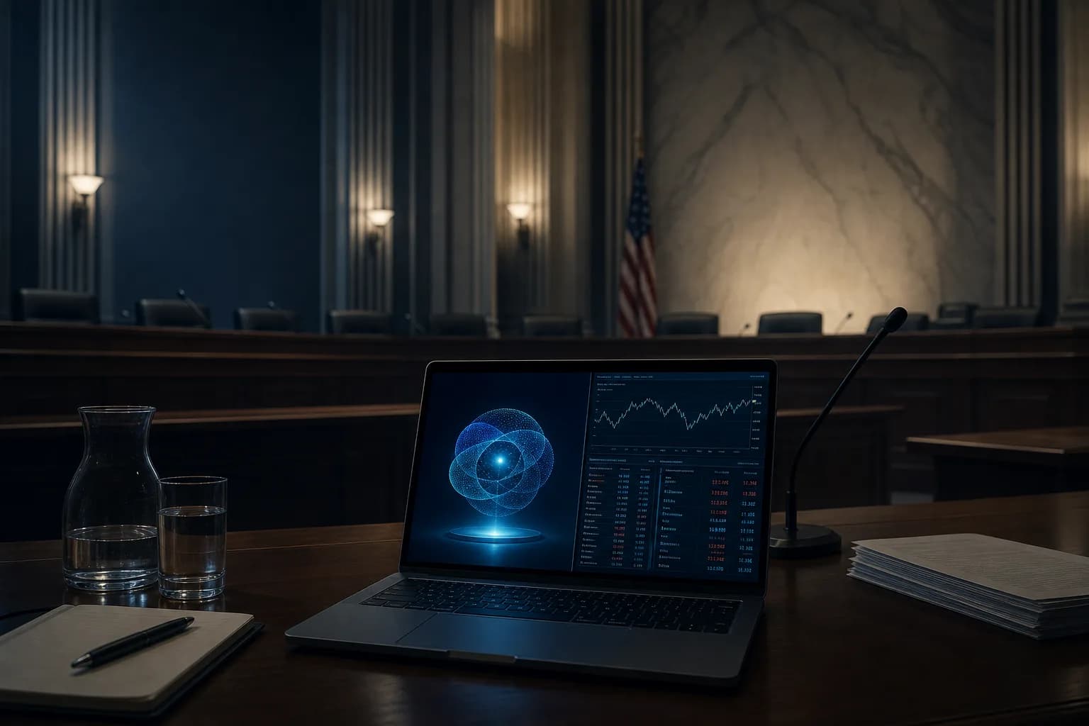 A regulator’s hearing room with a laptop displaying an artificial intelligence assistant beside a trading terminal